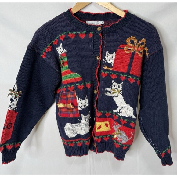 Vtg Sweater Loft Christmas CardiganSweater S Cats Cottage Core Holiday Made USA - Picture 1 of 9